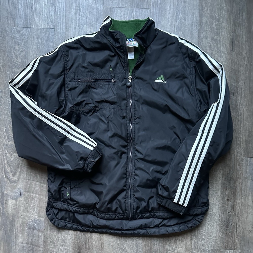 Vtg 90s Adidas Fleece Hooded Bomber Jacket Forest Green/Gray Men's Size M - Picture 1 of 6